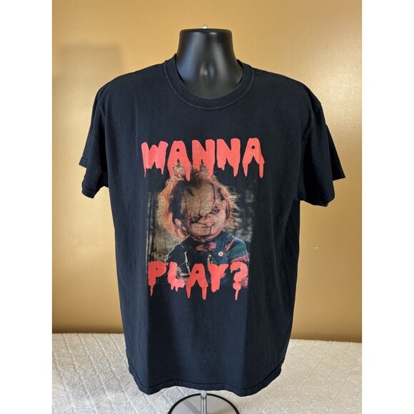 Chucky Doll Wanna Play Horror Movie Series Graphic Black Shirt Men’s Size L - Picture 1 of 16